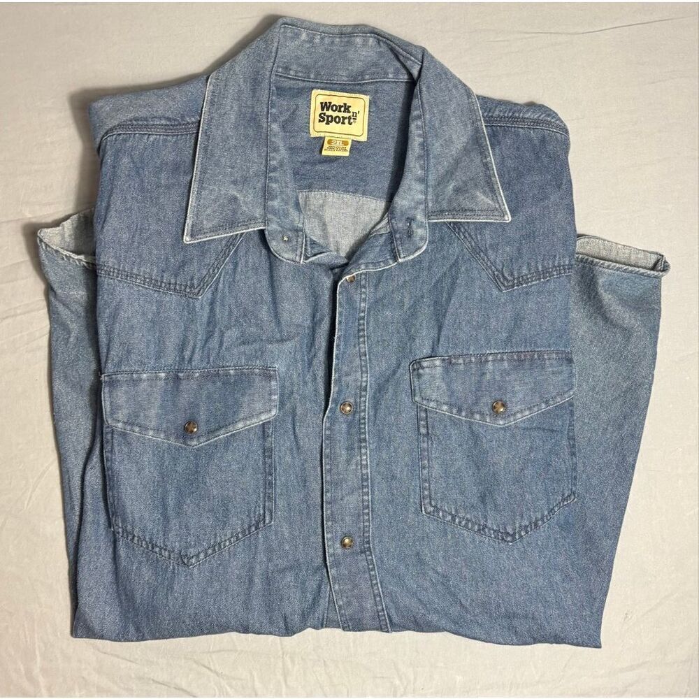 Vintage Pearl Snap Western Button Shirt Work n Sport Men’s 2XL Denim Blue USA